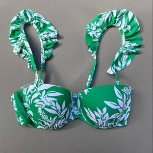 𝅺Gottex Ruffle Sleeve Leaf Print Bikini Top Green/White Sz 32C NWOT
